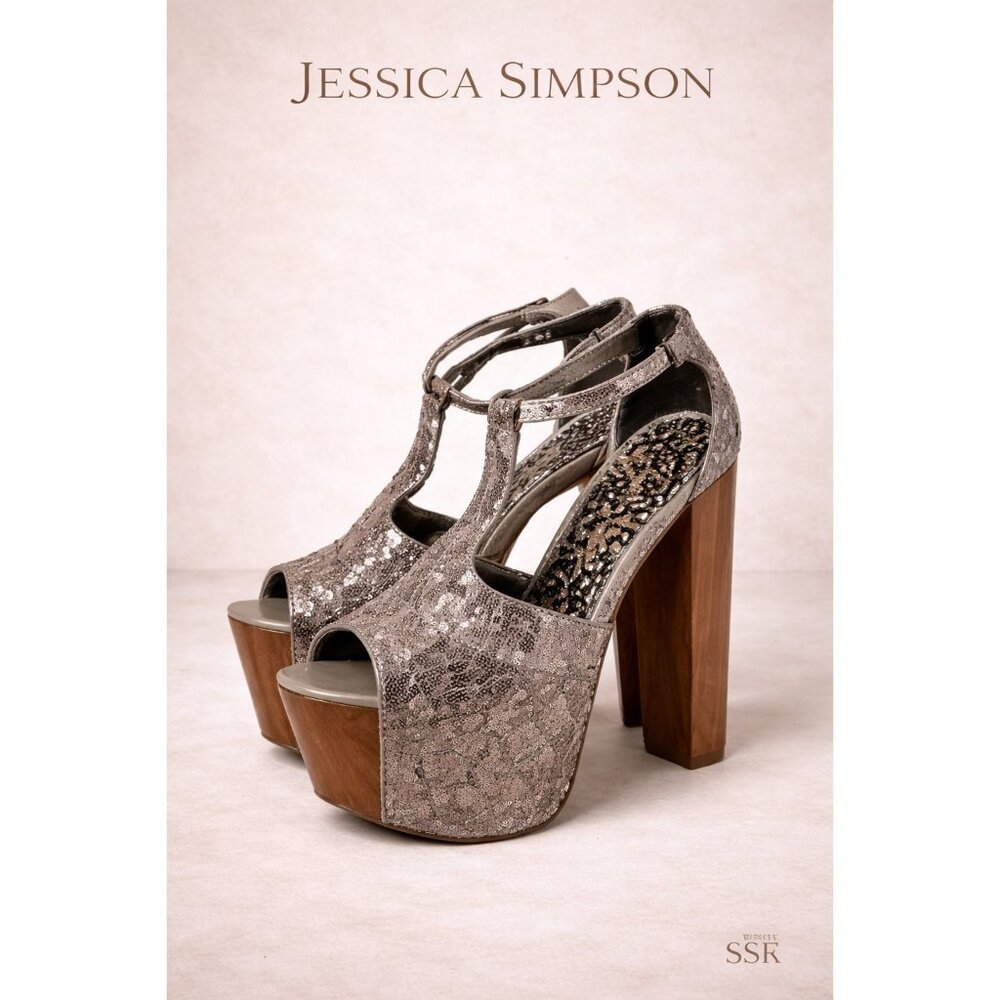 Jessica Simpson Dany Platform Sandals Size 10 Pewter Sequin Chunky Heel